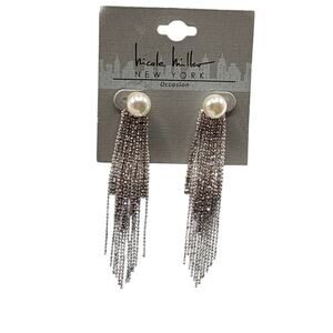 Nicole Miller New York Pearl Stud Rhinestone Fringe Tassel Drop Earrings